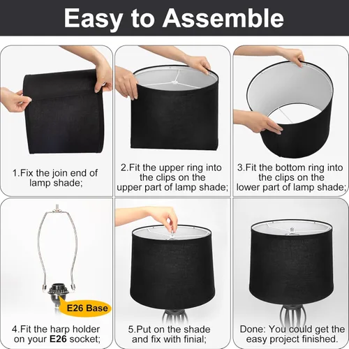 Miniatura 4 de Juego de 2 pantallas de lámpara de tela, pantallas de lámpara negras de 29,5 cm (parte superior) x 32 cm (parte inferior) x 24,9 cm de alto, Negro