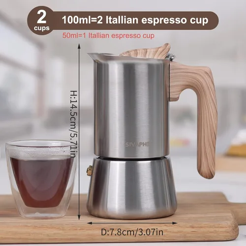 Miniatura 2 de Sivaphe Cafetera Espresso para Estufa de Acero Inoxidable 3.5 oz, 1-2 Tazas Cafetera Inducción Olla Moka, Olla Moka de 100ml Campaing, Olla Moka 2