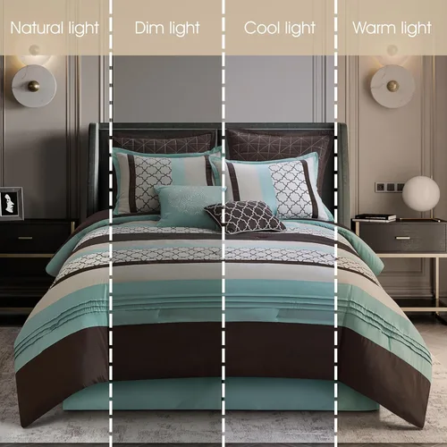 Miniatura 5 de Grand Avenue Juego de edredón tamaño Queen color marrón aguamarina, ropa de cama jacquard de 8 piezas con sábanas, ropa de cama bordada ultrasuave