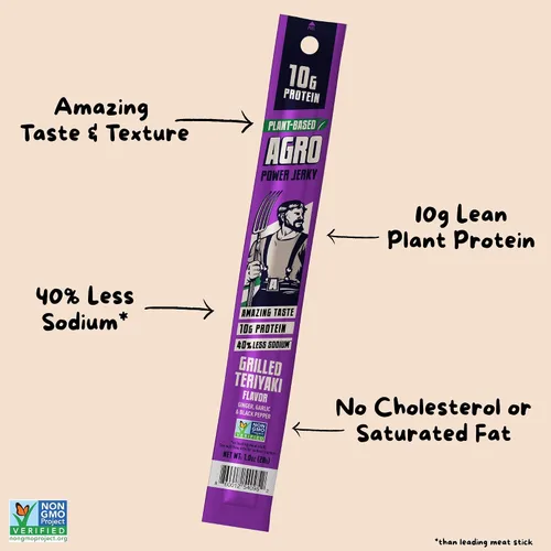 Miniatura 3 de AGRO POWER - Palitos veganos de cecina, 0.35 oz de proteína por barra, sabor teriyaki a base de plantas, bolsa de 7 palitos, sin OMG, 40% menos