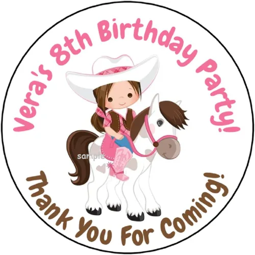 12 calcomanías personalizadas para fiesta de cumpleaños de vaquera para niños, recuerdos, etiquetas, etiquetas, sellos, 2.5 pulgadas, redondas,