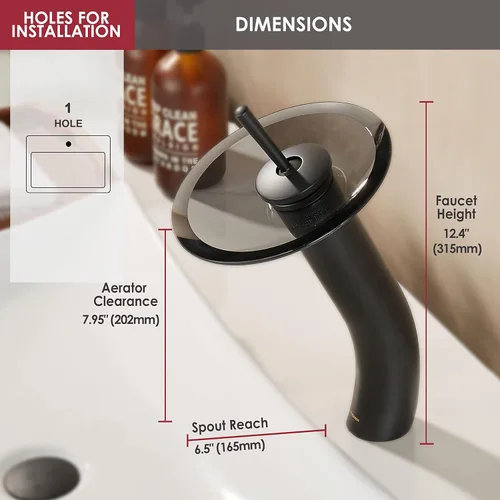 Miniatura 2 de Grifo de Baño de Cascada de Vidrio con Mango Único de Latón Macizo para Lavabo Lavatorio Vessel Sink Vanity, Alto, Negro