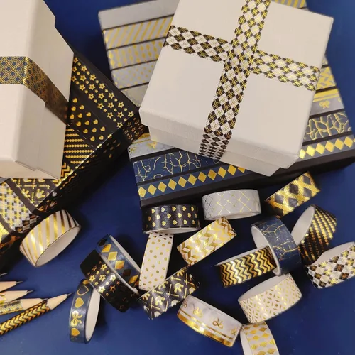 Miniatura 8 de YUBBAEX Juego de 18 Rollos de Cinta Washi Negra Dorada con Patrones Básicos de Impresión Dorada, Cintas Decorativas para Artes, Manualidades DIY