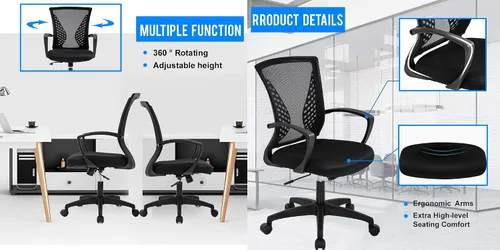 Miniatura 4 de Simple Home - Silla ergonómica de escritorio de oficina de malla, soporte lumbar, taburete ajustable ejecutivo moderno, silla giratoria para dolor