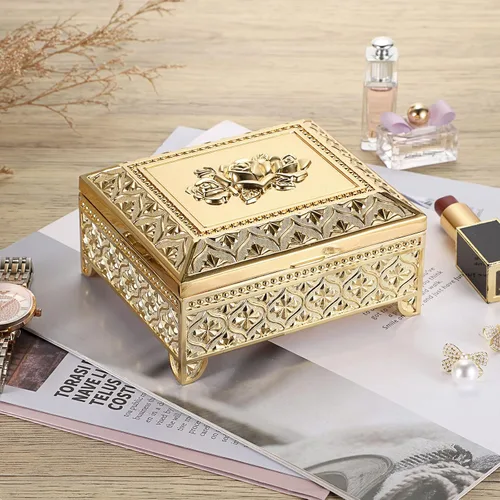 Miniatura 7 de Hipiwe Caja de joyería de metal vintage, caja de almacenamiento de baratijas, caja rectangular para cofre del tesoro, aretes, anillo, collar