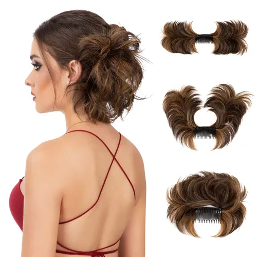 Miniatura 32 de Postizo de Cabello de Moño Despeinado con Peine Lateral Clip en Postizo de Moño para Mujeres Corto Natural Liso Versátil Estilos Ajustables Piezas