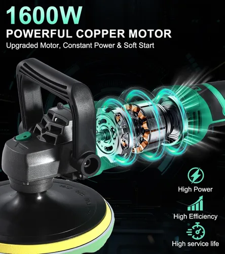 Miniatura 2 de Pulidora de búfer ZOTA, kit de pulidoras y amortiguadores de coche con motor de cobre puro de 1600W de 17,8 cm/15,2 cm, 7 velocidades variables