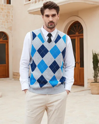 Miniatura 2 de Kallspin Suéter tipo chaleco con rombos para hombre, mezcla de lana, cuello en V, sin mangas