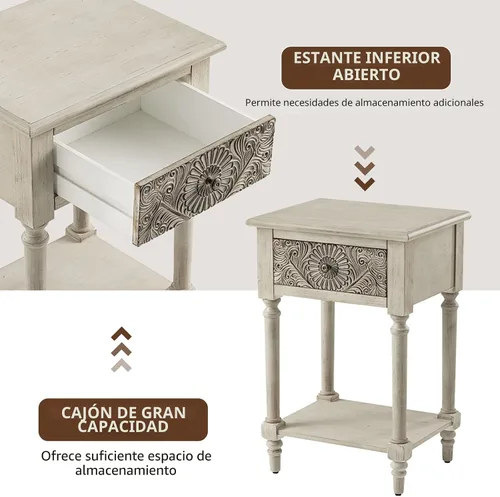 Miniatura 6 de COSIEST Mesita de noche vintage de 2 piezas, mesa de noche MDF de 2 niveles, mesa auxiliar de madera con cajón de almacenamiento y estante abierto