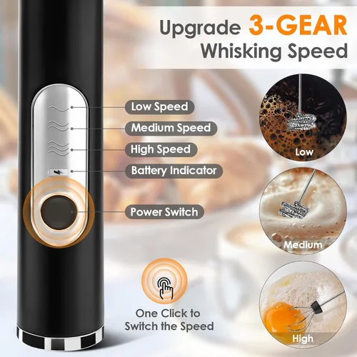 Miniatura 3 de Espumador de leche de mano, varita espumadora de café recargable con 2 batidores de acero inoxidable 3 velocidades, mezclador de bebidas, máquina