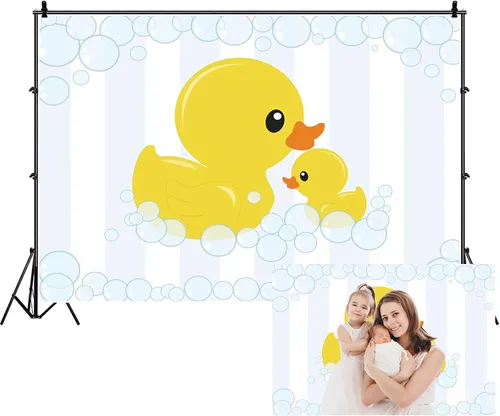 Renaiss Telón de fondo de tela de pato amarillo con burbujas de goma para baby shower, fiesta de cumpleaños, fondo de fotografía para niños, recién