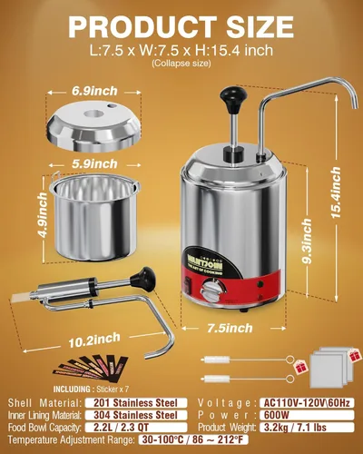 Miniatura 6 de WantJoin Dispensador de queso para nachos con bomba - 2.6 Qt de queso con bomba de acero inoxidable, control de temperatura de 86-185°F, calentador