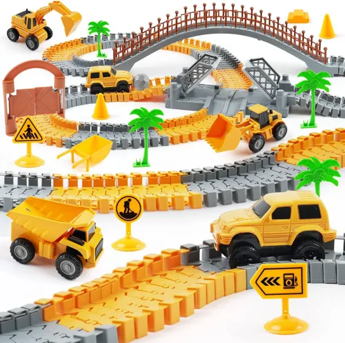 Juego de Pista de Carreras de Construcción para Niños - Juguetes de Ingeniería Flexibles con 2 Autos Eléctricos, Regalo de Cumpleaños para Niños de