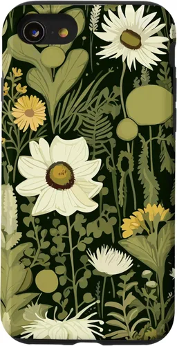 Miniatura 17 de iPhone 13 Wildflower, patrón de flores botánicas verdes, funda de flores silvestres boho