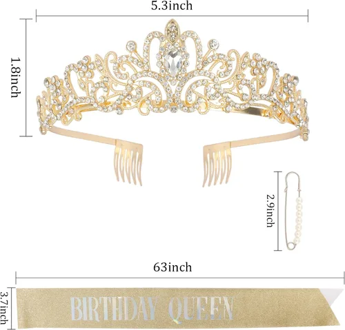 Miniatura 5 de CAVETEE Faja y tiara dorada para cumpleaños - Coronas de fiesta para mujer