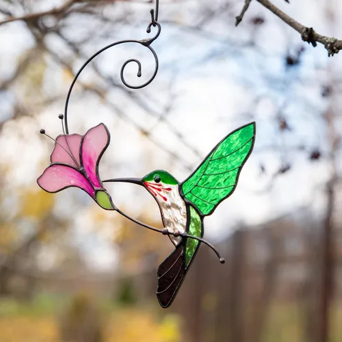 Miniatura 4 de Colgante de ventana de vidrio de colores multicolor Colibrí hecho a mano Atrapasol de vidrio auténtico Colgantes de ventana de vidrio pintado único
