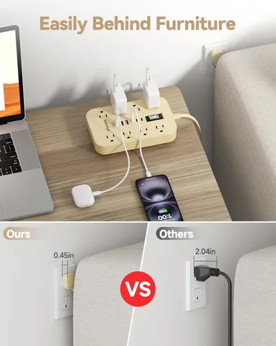 Miniatura 3 de Beige Power Strip with USB Ports - 5 FT Flat Extension Cord, 1625W Decorative Extension Cord with 8 AC Outlet 6 USB, Indoor Use for Beige Cream Desk