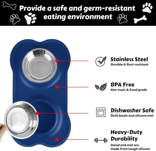 Miniatura 4 de AsFrost Tazones de Comida para Perros de Acero Inoxidable, Juego de Tazones de Comida y Agua para Perros, Tazones para Perros Sin Derrames con Azul
