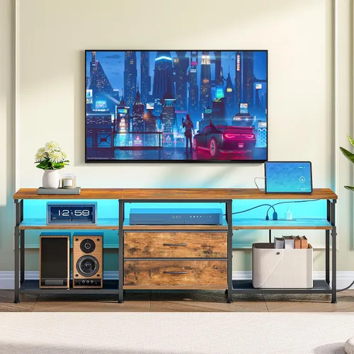 Miniatura 2 de HOOBRO - Soporte de TV con toma de corriente y luz LED, centro de entretenimiento para televisores de hasta 65 pulgadas, consola de medios moderna