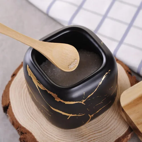 Miniatura 4 de VanEnjoy Tarro de porcelana decorativo de mármol con tapa de bambú y cuchara para condimentos para el hogar
