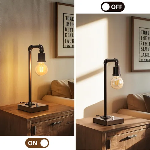 Miniatura 6 de Lámpara de mesa industrial para dormitorio, lámpara de noche completamente regulable con puertos USB C+A, lámpara vintage con diseño de tubo