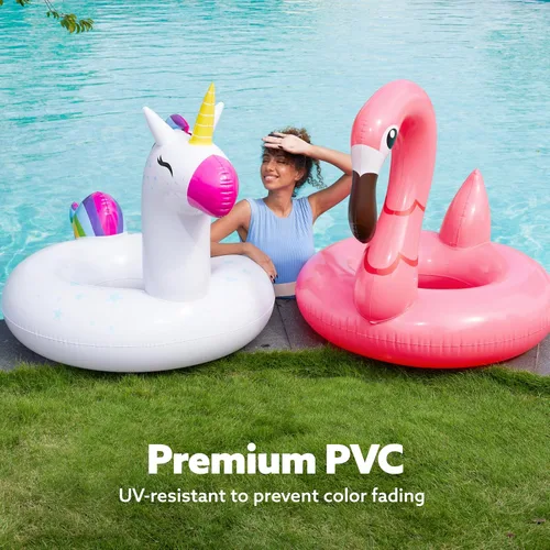 Miniatura 6 de SLOOSH Paquete de 2 flotadores inflables de flamenco de unicornio para piscina, decoraciones de fiesta de natación, divertidos flotadores, tubos