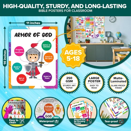 Miniatura 5 de Decorably 15 vibrantes pósteres bíblicos para el aula de niños, educativos, decoración laminada mate de 11 x 14 pulgadas, para la escuela, pasillos