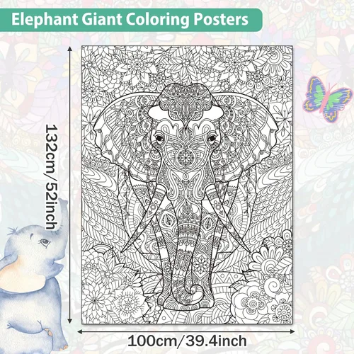 Miniatura 2 de Pósteres Gigantes de Elefante para Colorear para Niños y Adultos, Póster de Elefante para Colorear de 39.37×51.96 Pulgadas, Pósteres de Mandalas