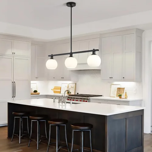 Miniatura 2 de Iluminación de isla de cocina, 3 luces, lámparas colgantes lineales con pantallas de vidrio de leche, candelabros negros de granja para comedor