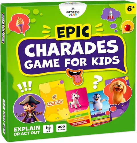 Clever Fox Play Juego Épico de Charadas para Niños de 6 años en adelante – 200 Tarjetas de Actuar y Explicar con Ilustraciones y Temporizador –