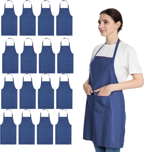 Miniatura 4 de Juego de 16 delantales rojos con babero liso a granel para mujeres, hombres y adultos con 2 bolsillos - Delantales de chef, cocina, pintura