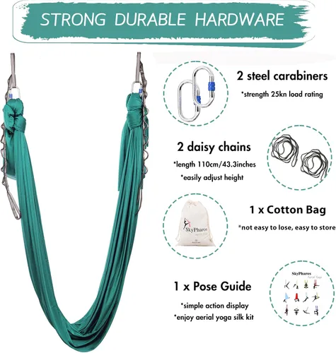 Miniatura 2 de Juego de columpio de yoga de seda aérea de 5.5 yardas - Kit de hamaca de yoga aérea antigravedad volador para fitness, tela de tricot de nailon
