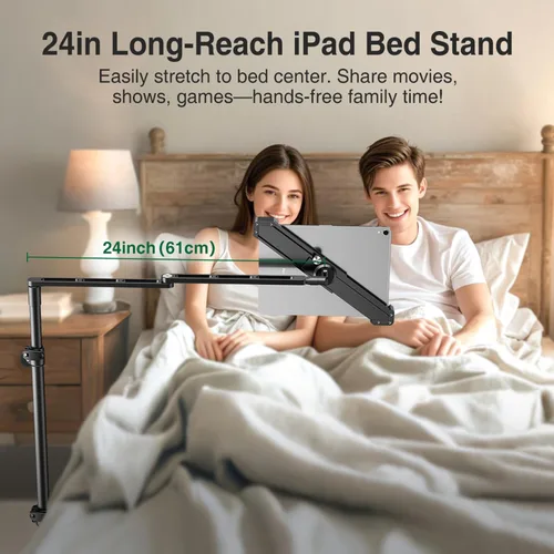 Miniatura 3 de elitehood Soporte de suelo para iPad de diseño diagonal con base resistente, soporte horizontal de 24 pulgadas de brazo largo para cama reclinable