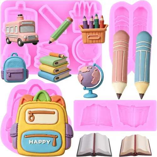 Miniatura 10 de Mujiang Moldes de silicona para el regreso a clases, bolsa escolar, libro de tijeras, paleta de dibujo, moldes para fondant, para decoración