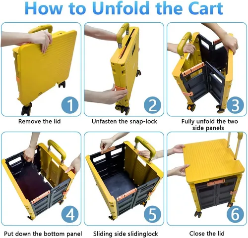 Miniatura 4 de FELICON SELORSS Carro de Utilidad Plegable Carro de Mano Plegable con Mango Telescópico de Plástico Resistente Cesta Plegable de 4 Ruedas Giratorias
