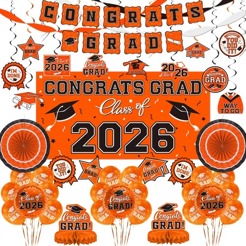 Miniatura 9 de Juego de decoraciones de graduación 2026 con temática negra y dorada, pancarta de felicitaciones, telón de fondo, globos y serpentinas, suministros