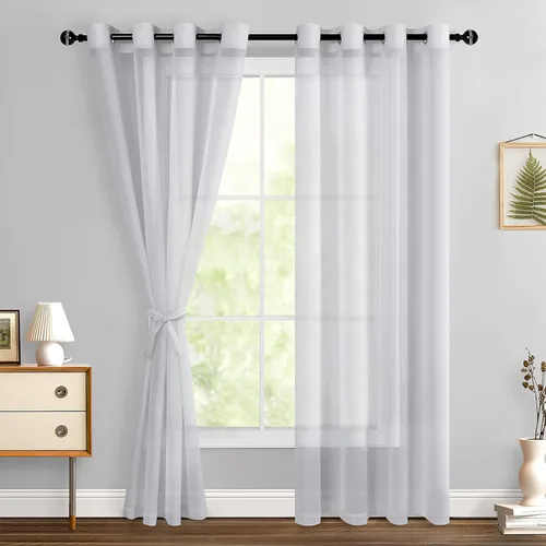 Miniatura 157 de Hiasan - Cortinas traslúcidas de gasa cortas semitransparentes con ojales y alzapaños filtrantes de luz para ventana, dormitorio, baño, 2 paneles