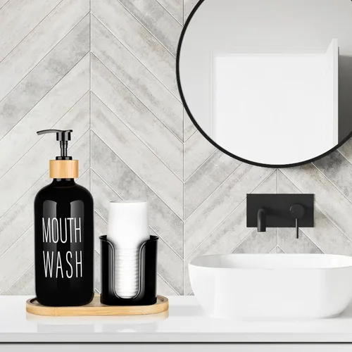 Miniatura 6 de Dispensador de enjuague bucal negro para baño, botella de vidrio con bomba de 16 onzas con soporte para tazas, 14 tazas de enjuague bucal, bandeja