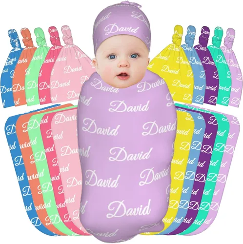 Manta de bebé personalizada y sombrero con nombre – Mantas coloridas para bebés, manta suave personalizada para recién nacidos, regalos