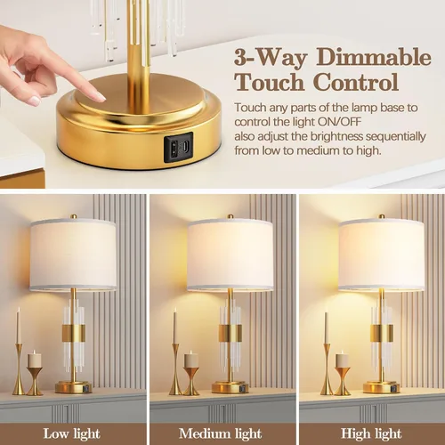 Miniatura 2 de QiMH Juego de 2 lámparas de mesa doradas para dormitorio, con luz nocturna, moderna lámpara de noche con 2 puertos de carga USB A+C, lámpara