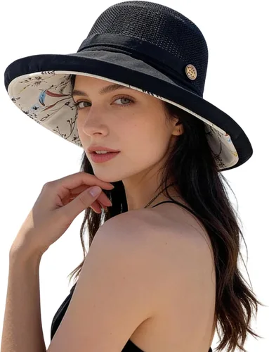 Miniatura 10 de Sombrero de malla para el sol para mujer, plegable, de ala ancha, protección UV, protección UV, para playa, con correa para la barbilla