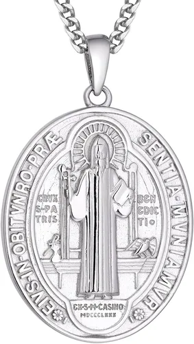 WIOY Collar de medalla de San Benito de plata de ley 925 regalo de joyería católica de San Benito para hombres y mujeres