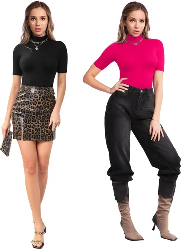 Miniatura 5 de MANGOPOP Camiseta de manga corta de 34 con cuello alto falso para mujer, corte ajustado, media codo