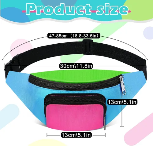 Miniatura 2 de Xuniea Riñonera retro de neón de los años 80, 2 bolsillos, bolsas para cinturón, disfraces de los años 90 para mujeres y hombres, riñoneras