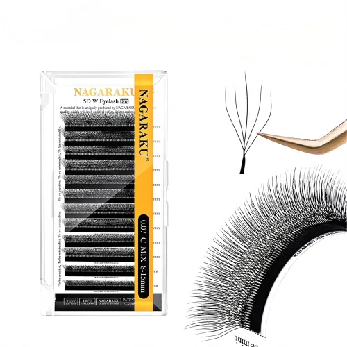 Miniatura 96 de NAGARAKU Extensiones de pestañas Double Tips 4D W, suministros con puntas dobles, gruesas con rizado D de 0.07 mm, bandeja mixta 8-15 mm, 0.07-D