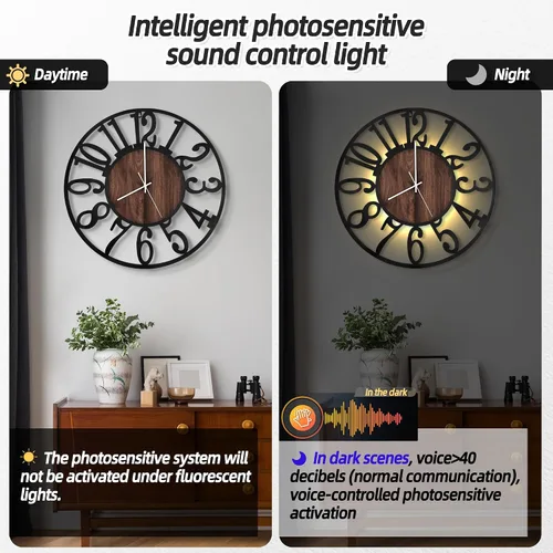 Miniatura 3 de LEIKE Relojes de pared a pilas con control remoto, luz nocturna, silencioso, sin tictac, reloj de madera grande rústico moderno para sala de estar