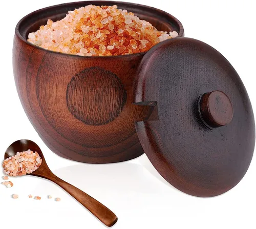 Caja de sal de madera maciza para condimentos, contenedor de almacenamiento con cuchara y tapa, azucarero de cocina redondo para especias para sal,