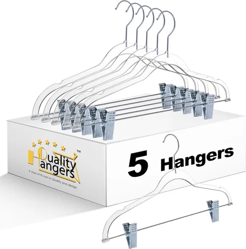 Perchas de plástico transparente para pantalones con clips, paquete de 5 unidades, ganchos giratorios y muescas para faldas, perchas acrílicas que
