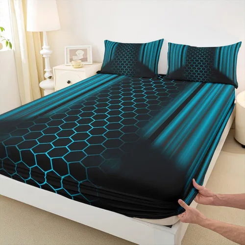 Miniatura 13 de Manfei Sábana bajera ajustable de panal rojo, tamaño matrimonial, juego de ropa de cama hexagonal geométrica de 3 piezas para decoración de Multi 07