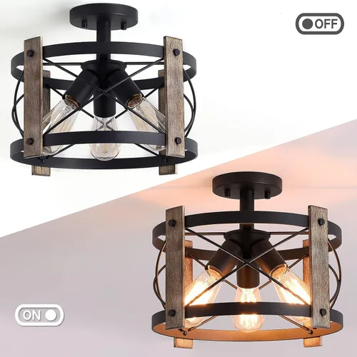 Miniatura 2 de Bargeni Lámpara de techo de montaje empotrado, lámpara de techo rústica de 13 pulgadas, acabado negro mate, lámparas de granja de 3 luces para sala